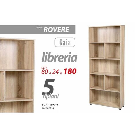 Scaffale rovere 5 ripiani libreria moderna cm 80 x 24 x 180 h