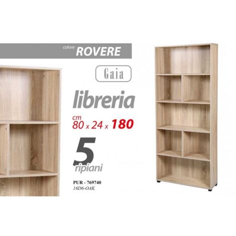 Scaffale rovere 5 ripiani libreria moderna cm 80 x 24 x 180 h