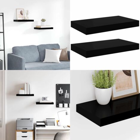 Scaffali a Parete 2 pz Nero Lucido 40x23x3,8 cm in MDF - Mensole a parete - Scaffali in MDF