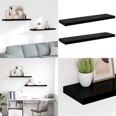 Scaffali a Parete 2 pz Nero Lucido 90x23,5x3,8 cm in MDF - Mensole a parete - Scaffali in MDF