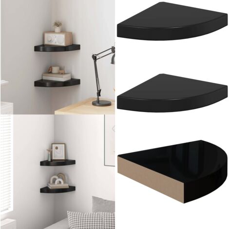 Scaffali Angolari a Parete 2 pz Nero Lucido 25x25x3,8 cm MDF - Scaffali a Parete - Scaffali per Libri