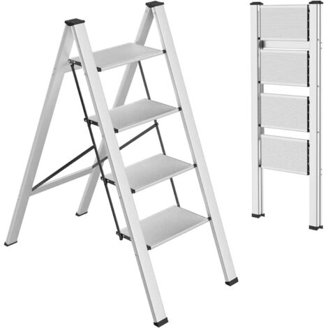 Scala a 4 gradini, sgabello pieghevole in alluminio, capacità 150 kg, gradini antiscivolo - Argento