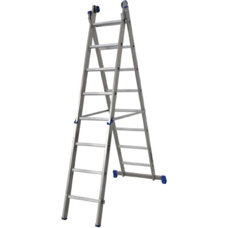 Scala Azzurra professionale a due tronchi in alluminio 8+8 gradini altezza min/max 250/390 cm con base stabilizzatrice
