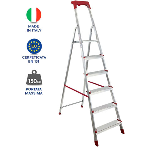 Scala Domestica in Alluminio Martina Leggera Portatile Scaletto Vaschetta Portaoggetti Pieghevole Robusta Salvaspazio made in Italy 6 gradini