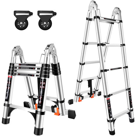 Scala Multiuso in Alluminio da 3,2M (1,6M + 1,6M) Scaletta Telescopica con 2 Ruote