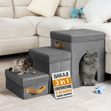 Scala per Animali 3in1 Multifunzione Scaletta Grigio Pieghevole Vano Contenitore