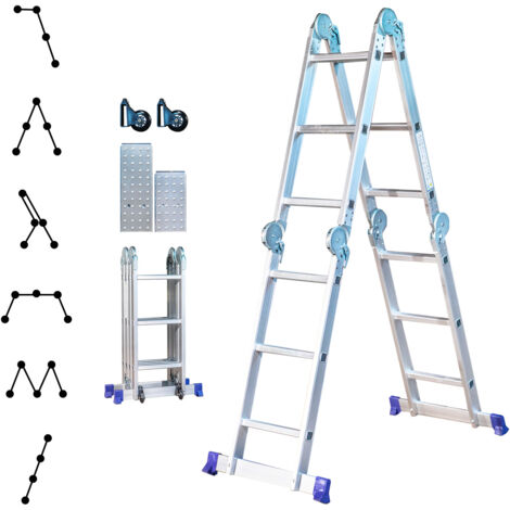 Scala pieghevole articolata STAVALANCE 4x3 gradini, ponteggio multifunzione, distanziatore per muro, sgabello, 2 piastre per piattaforma di lavoro, Hostrom