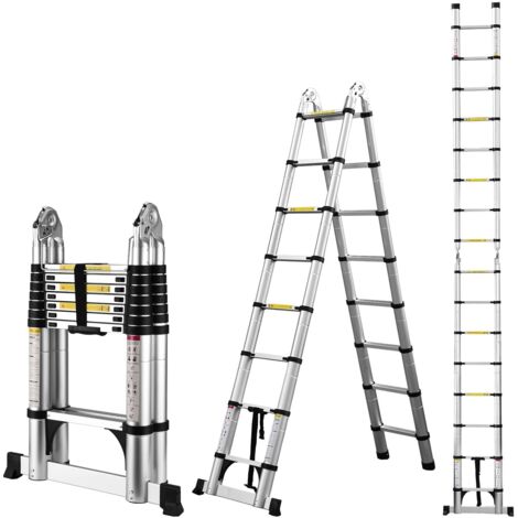 Scala telescopica in alluminio, 5 metri, Scala pieghevole, Scala multiusocarico massimo: 150 kg, Argento