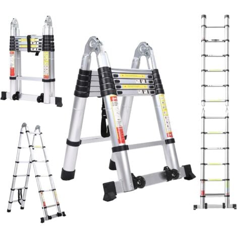 NECHE Scala telescopica portatile multifunzione in alluminio pieghevole da 3,8 m (1,9 + 1,9), 12 gradini, antiscivolo, versatile, carico massimo 150 kg