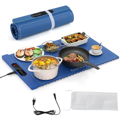 Scaldavivande elettrico pieghevole, tappetino riscaldante con temperatura regolabile e timer, vassoio riscaldante arrotolabile in silicone, blu