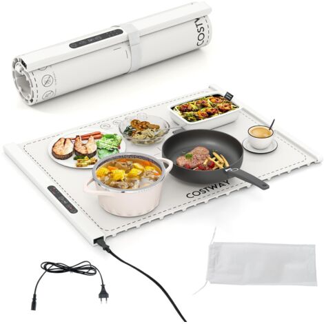 Scaldavivande elettrico pieghevole, tappetino riscaldante in silicone, vassoio riscaldante portatile con temperatura regolabile e timer, bianco