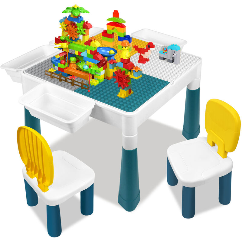 Image of Tavolo per bambini con sedie, set di sedie multiuso per bambini, tavolo da gioco per bambini e bambine (con edifici in plastica) Hengmei