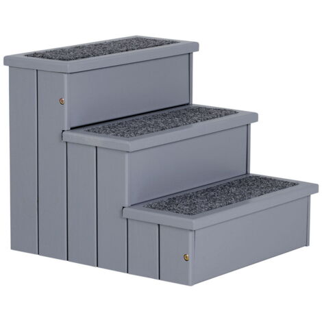 SCALETTA PER CANI A 3 GRADINI CON TAPPETO ANTISCIVOLO E SPAZIO INTERNO. 40.5X44.5X38CM. GRIGIO