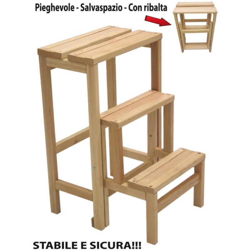Scaletta ribalta 3 gradini altezza 60 cm in legno faggio NATURALE