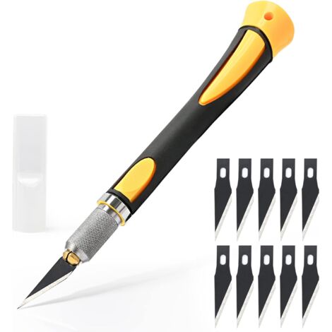 Scalpel avec 10 lames de Antirouille, Cutter de Précision, Scalpel Modelisme, pour Découpe de Travail d'art Bricolage, Jaune