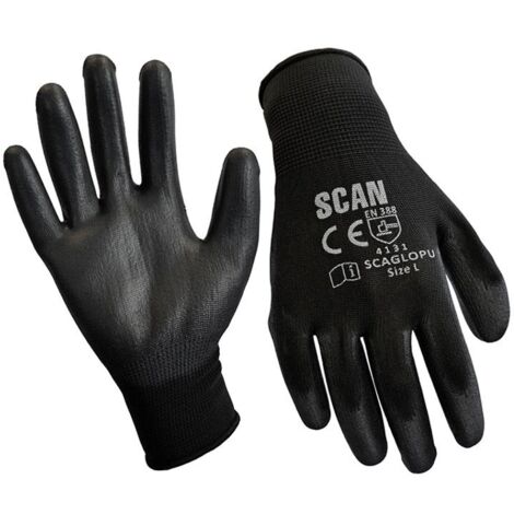 Scan 2AYH22L-24 Black PU Coated Gloves - Large Size 9 12 Pairs SCAGLOPU12
