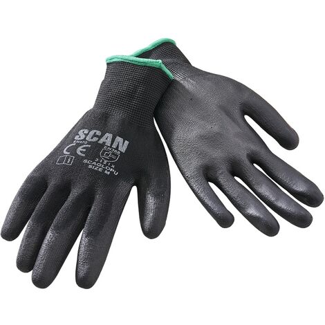 Scan Black Gloves PU Coated Dipped 5 Pairs Work Gloves SCAGLOPU XMS24GLOVE5