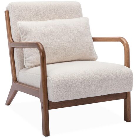 Scandi-style boucle wooden armchair with cushion, Lorens boucle, Cream, 65x80x79 cm