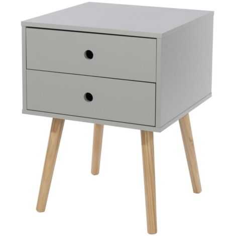 Scandia, 2 Drawer and Wood Legs Bedside Cabinet - MDF/Pine - 40 x 40 x 54 cm - Grey/Pine