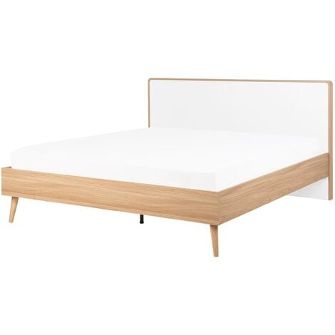 BELIANI Scandinavian EU Double Size Bed Frame 4ft6 White Light Wood Serris