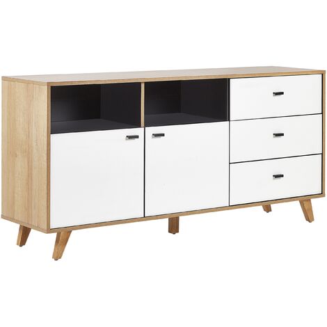 main image of "Scandinavian Sideboard Light Wood with White Storage Cabinets Drawers Ilion"