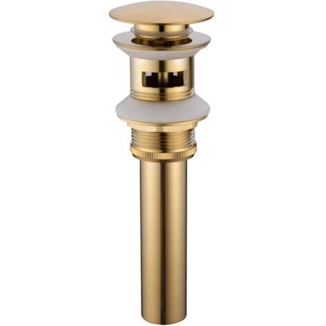 Scarico per acque reflue del bagno in ottone dorato spazzolato, tappo moderno a pressione con chiusura a scatto e foro di troppo pieno.