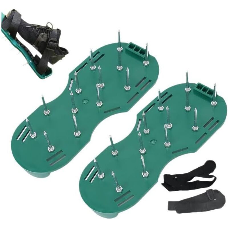 Scarificateur de pelouse avec pointes, clous 15 mm, 26 pointes en acier, sangles réglables, vertes, chaussures pour aérer la pelouse ou comme