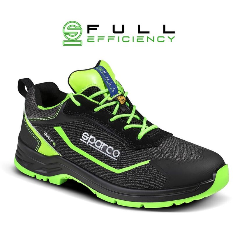 Image of Sparco - Indy E-Forester esd S3S scarpe basse da lavoro antinfortunistica N.40 in materiale anti abrasione full efficiency nero/verde fluo con