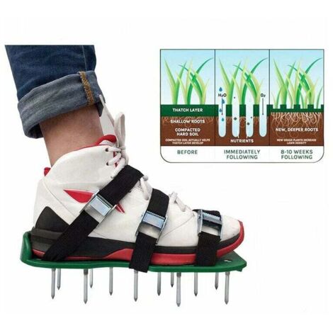 Scarpe da arieggiatore per prato da giardino, sandali, punte per aerazione, paio di scarpe con punte per erba verde, terreno sciolto, nere, 30 x 13 cm