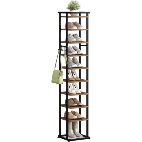 Scarpiera 10 Livelli, Scarpiera Verticale con Ganci, Scaffale Portaoggetti in Ferro e Legno, Salvaspazio, per Ingresso, Corridoio e Guardaroba, Marrone Rustico e Nero