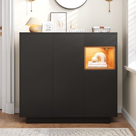 Scarpiera 105x39.5x100.5cm LED 16 colori ripiani regolabili cassetto capiente cerniere soft close MDF nero per corridoio