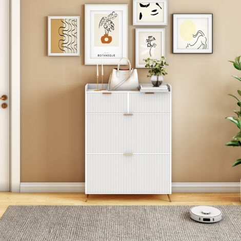 Scarpiera 110 x 80 x 24 cm, 2 cassetti, 2 armadietti con coperchio ribaltabile, gambe in metallo dorato, bianco
