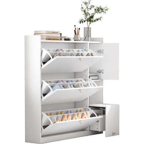 Scarpiera 119x24x122 cm, Protezione Anti Ribaltamento, con 3 cassetti pieghevoli e panca, Pannello Truciolare Bianco