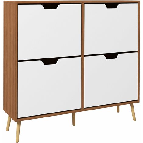 Scarpiera 4 Ante 16 Paia di Scarpe 95x26x95 cm in Truciolato e Legno di Pino Naturale e Bianco