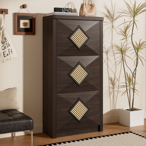 Scarpiera - 54x25x115 cm - vintage con decorazioni in rattan - scomparti ribaltabili - salvaspazio - Legno