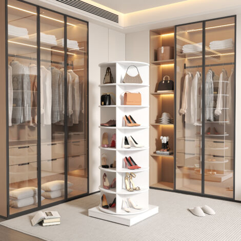 Scarpiera 60.96x 60.96x 165 cm bianca girevole a 360° con 7 ripiani, può contenere fino a 28 paia di scarpe