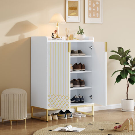 Scarpiera 75x37x105cm 4 ripiani portata 20kg ripiano regolabile maniglia dorata materiale MDF bianco per famiglia