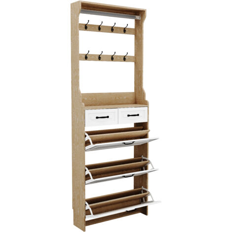 Scarpiera 80x23.5x220cm ampia capacità,3 ribalte e 2 cassetti MDF Bianco Per corridoio e ingresso