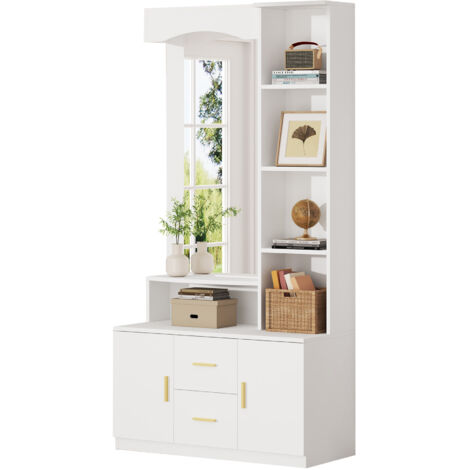 Scarpiera 90x40x180cm specchio grande ripiani decativi due ante due cassetti salvaspazio MDF bianco per ingresso