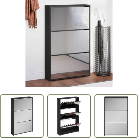 Scarpiera a 3 ripiani -  Scarpiera con Specchio a 3 Ripiani Nera 63x17x102,5 cm