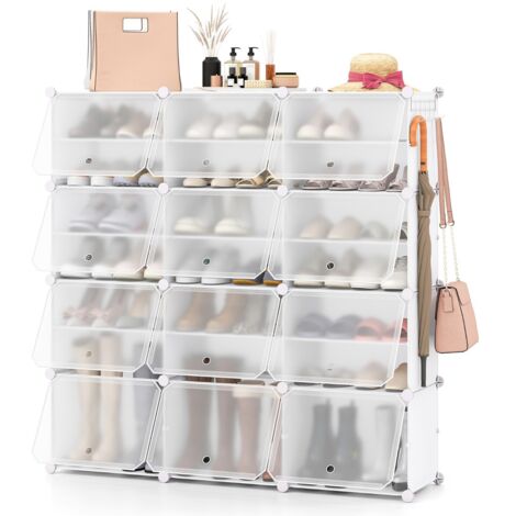 Scarpiera a 8 ripiani per 48 scarpe per ingresso per stivali e tacchi, Armadio 12 cubi in plastica con ganci laterali Bianco