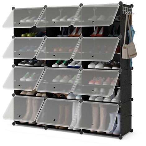 Scarpiera a 8 ripiani per 48 scarpe per ingresso per stivali e tacchi, Armadio 12 cubi in plastica con ganci laterali Nero