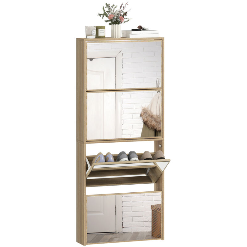 Scarpiera à Portes Battantes Miroir avec 4 Portes, Rangement Chaussures Étagère pour Entrée, Meuble Porte-Chaussures 12 Paires en Bois avec Poignée,