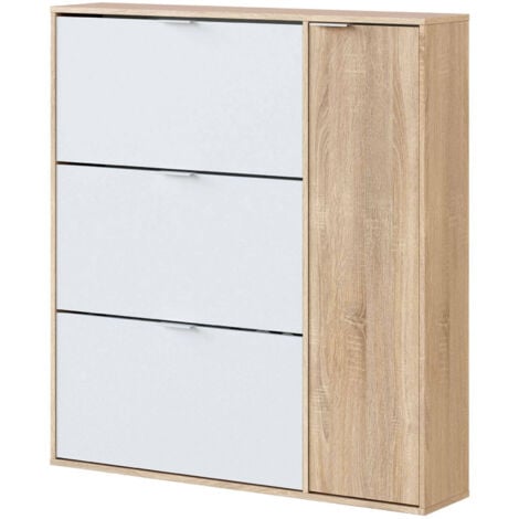 Scarpiera, Armadio portascarpe a 4 ante, Mobile basso multiuso con 5 ripiani, Scarpiera moderna, cm 106x22h115, Rovere e Bianco