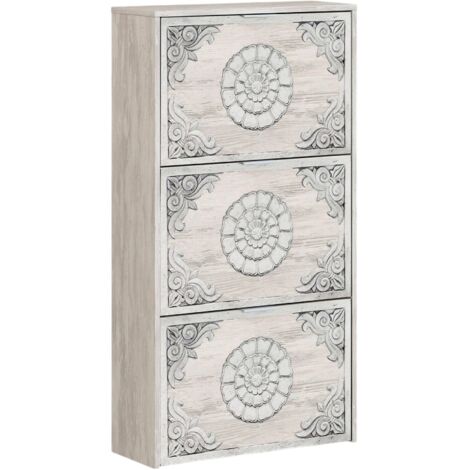 Scarpiera Asca, Armadio portascarpe a 3 ante a ribalta, Mobile doppia capienza per max 18 paia di scarpe, 60x22h113 cm, Bianco anticato