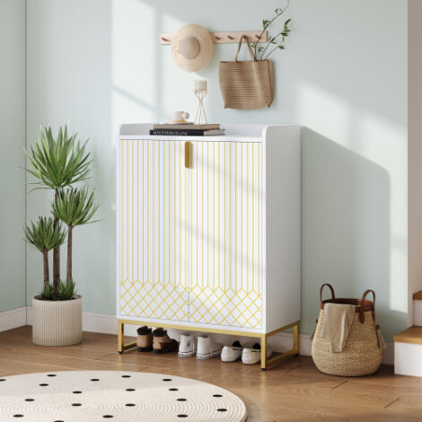 Scarpiera bianca, mobile contenitore con gambe in metallo dorato e ripiani regolabili, 75x37x105cm