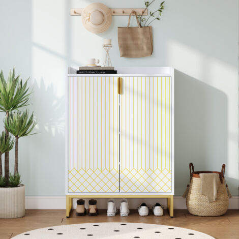Scarpiera con 2 ante dorate, gambe in metallo dorato, 4 livelli di stoccaggio, 75x37x105CM, MDF, bianco