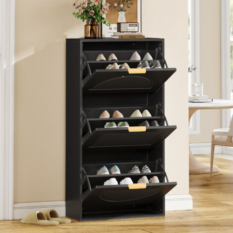 Scarpiera con 3 ante a ribalta, salvaspazio per ingresso/corridoio, MDF e truciolare, antiribaltamento, 60x24x114 cm, nero