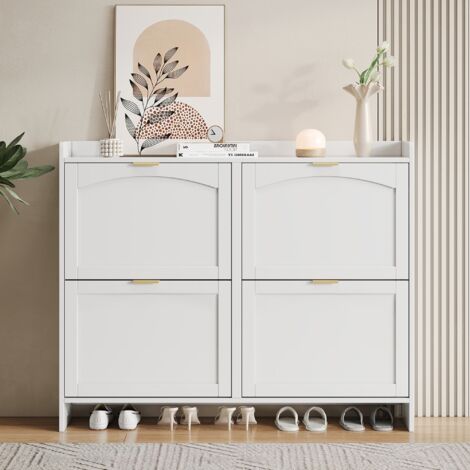 Scarpiera con 4 scomparti a ribalta, Mobile portascarpe per ingresso e corridoio, Scaffale salvaspazio con ripiano aperto, Design moderno in legno, Bianco