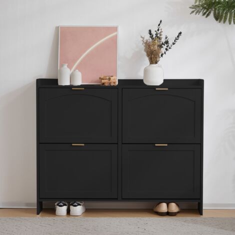 Scarpiera con 4 scomparti a ribalta, Mobile portascarpe per ingresso e corridoio, Scaffale salvaspazio con ripiano aperto, Design moderno in legno, Nero